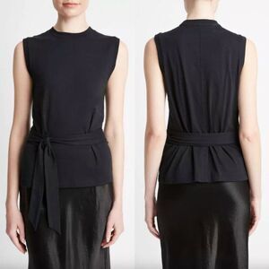 Vince black cotton sleeveless tie front tank top shirt